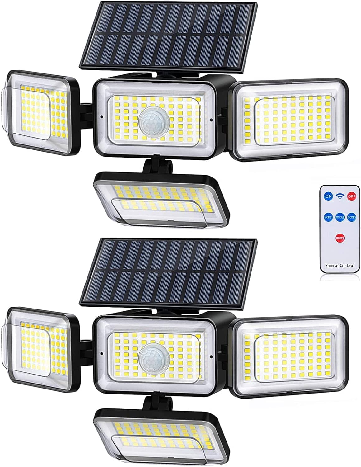 TWO PACK of 4-Panel Adjustable Remote Motion Activated Motion Sensor Solar Waterproof Outdoor Lights $29.99 (reg $60)